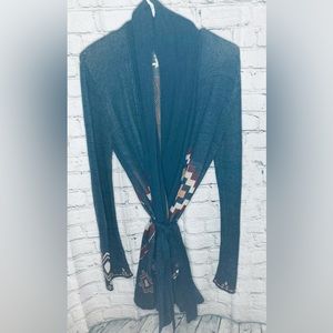 Billabong-long weight wrap sweater w/ fabric belt, w/design on sleeves edge.